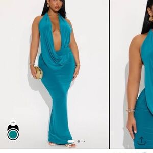 Fashion Nova Teal Backless Maxi Dress